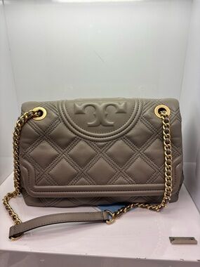 Tory Burch ‘Fleming’ Quilted Leather Shoulder Bag - Taupe with Gold Chain